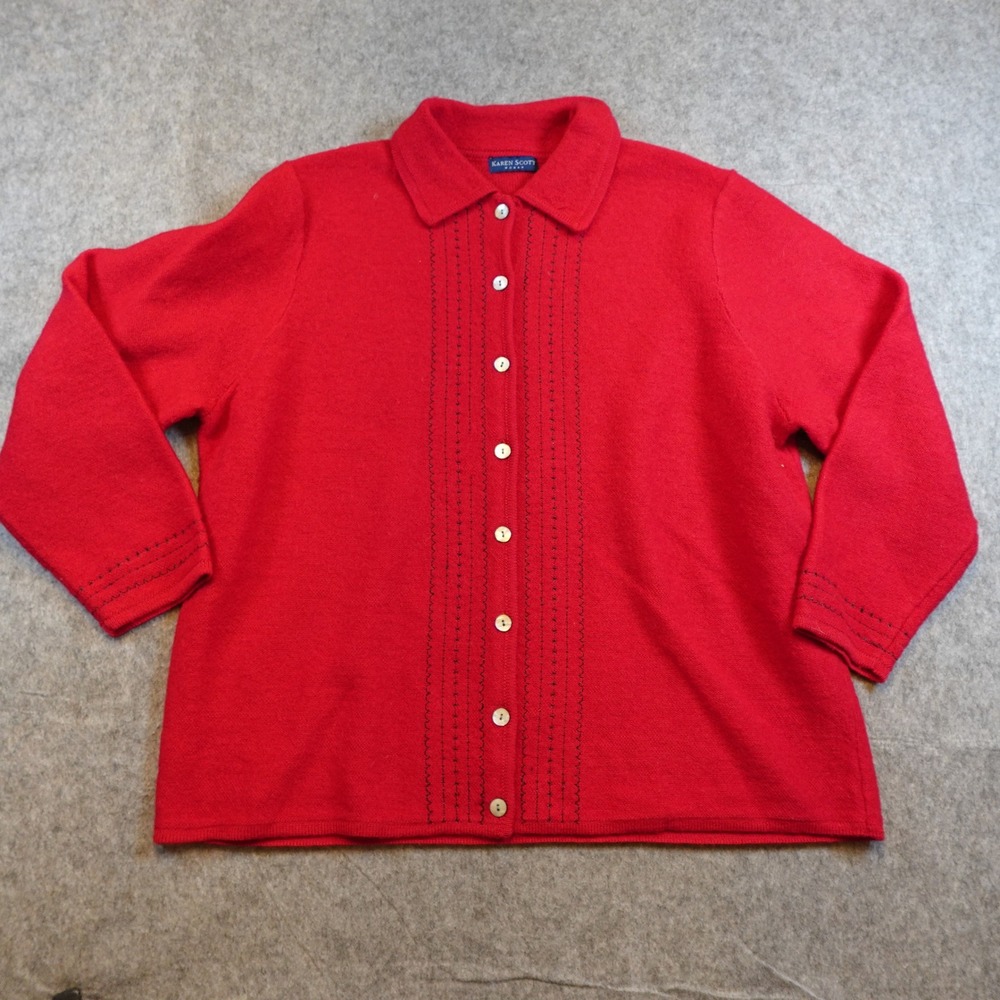 Karen Scott Cardigan Women 2X Red‎ 100% Wool Button Down Embroidered Australia